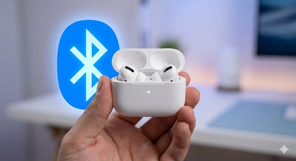 AirPods重置教學封面：打開充電盒蓋並顯示藍牙符號，解決連線失敗問題。