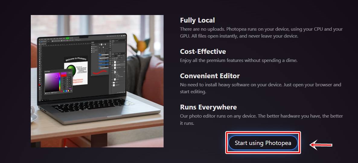 Photopea 線上修圖網站介面與工作區。