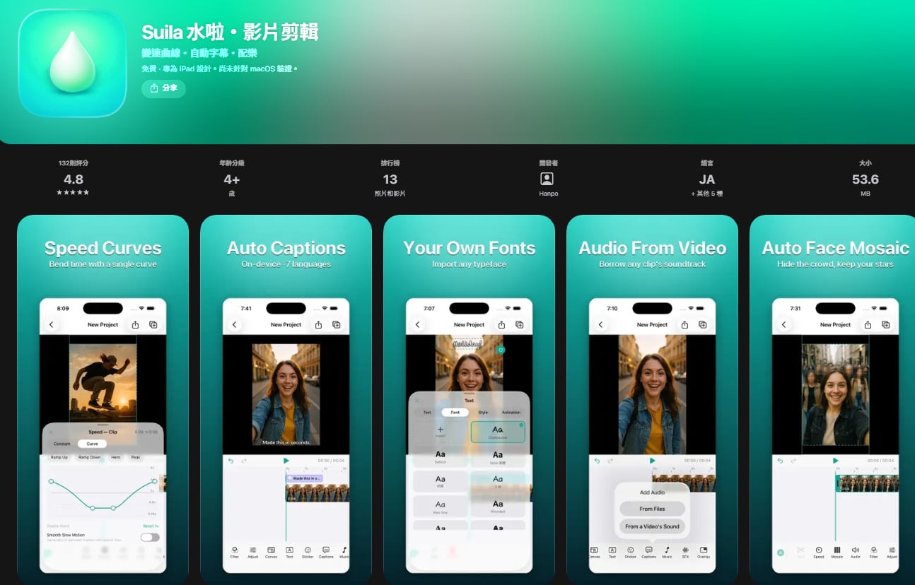Suila App在iOS App Store下載頁面展示，免費剪輯神器。
