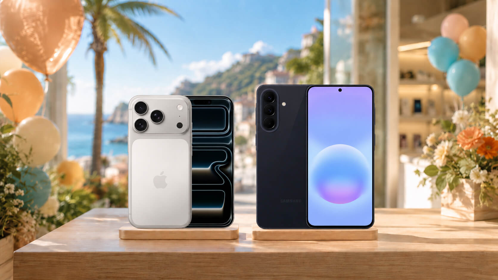 iPhone 17 Pro 與 三星 A57 並排展示在木質展示台上,背景為夏日海邊風格門市開幕布置