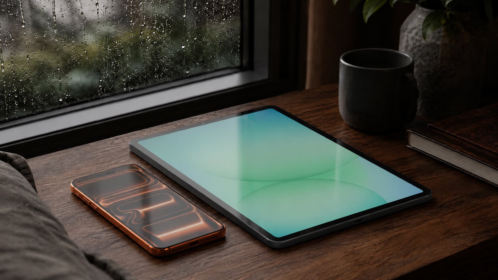 三星 Tab A11+ 與 iPhone 17 Pro Max 放置於雨天窗邊木桌上,呈現溫馨高質感 3C 生活場景