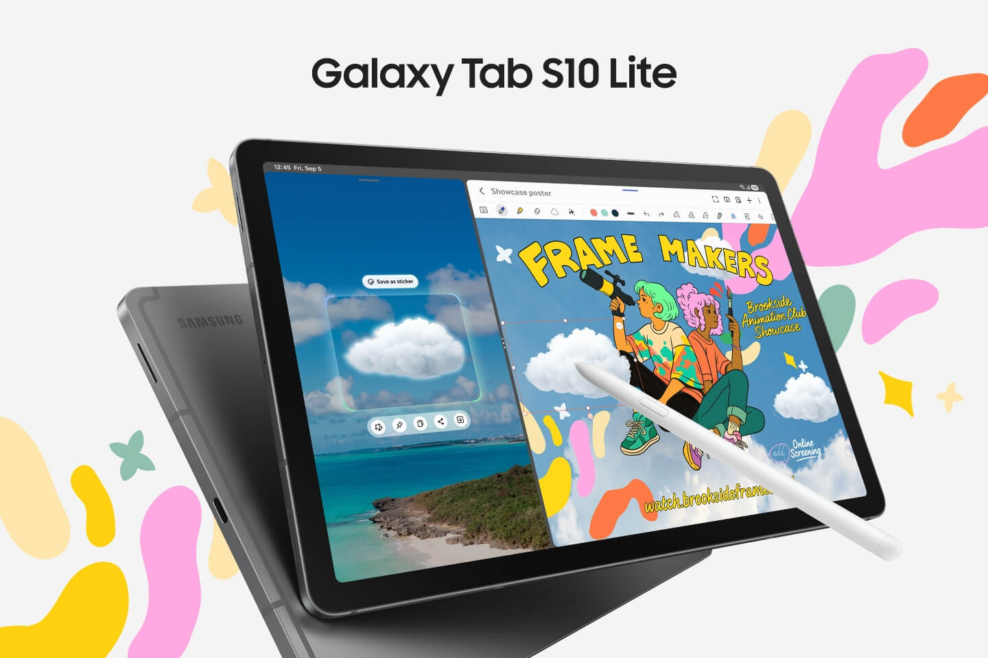 三星 Galaxy Tab S10 Lite 平板，畫面展示分割螢幕創作與 S Pen 觸控筆操作