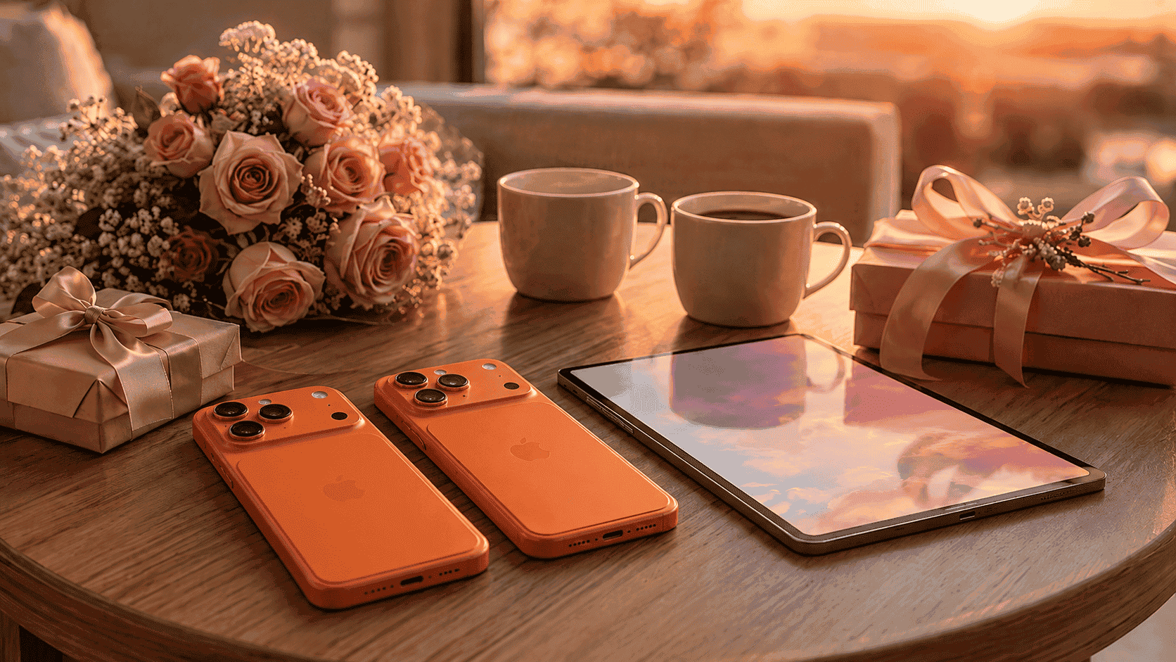 iPhone 17 Pro Max 橘色手機與平板放置在浪漫夕陽桌面，適合七夕手機優惠與送禮主題
