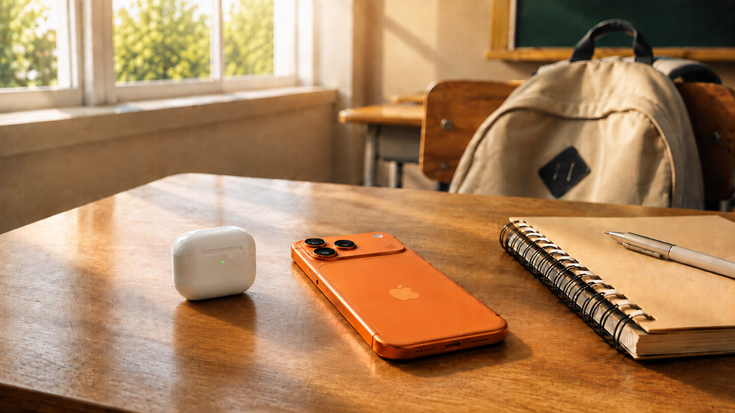 陽光灑落的大學教室木質桌面，擺放 iPhone 17 Pro Max 、airpods 4 與筆記本，背景可見書包與教室座椅，呈現溫暖自然的開學氛圍。
