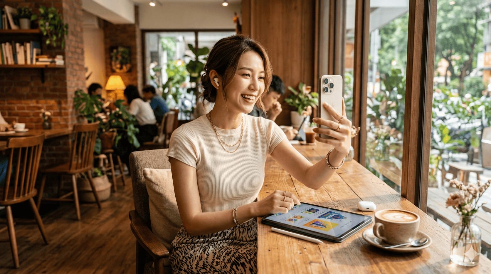 一位穿著時尚的女性在陽光充沛的咖啡廳裡，桌上擺放著 iPad 與咖啡，耳朵戴著 AirPods，正開心地拿著 iPhone 自拍，展現完整的蘋果生態系便利生活。