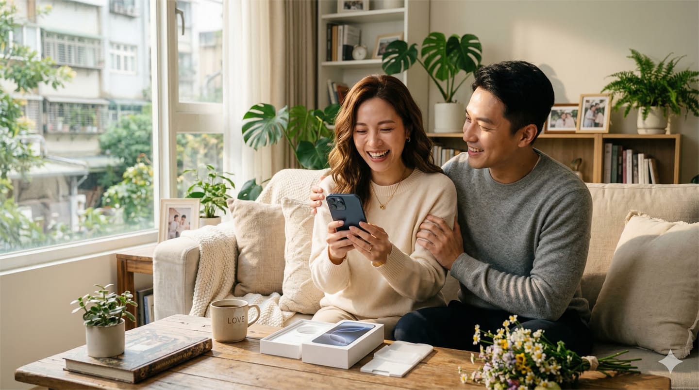 一對情侶在陽光灑落的客廳裡，開心拆封全新的 iPhone 17 Pro Max 智慧型手機。