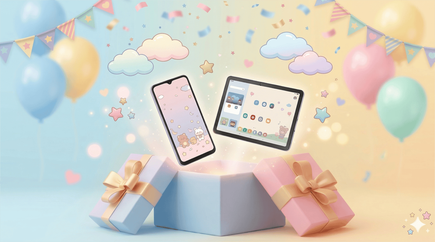 在充滿童趣的馬卡龍色背景中，精美的禮物盒內驚喜浮現手機與平板。周圍點綴著氣球、星星與彩繪雲朵，推薦給家長作為送給寶貝最實用的科技大禮。
