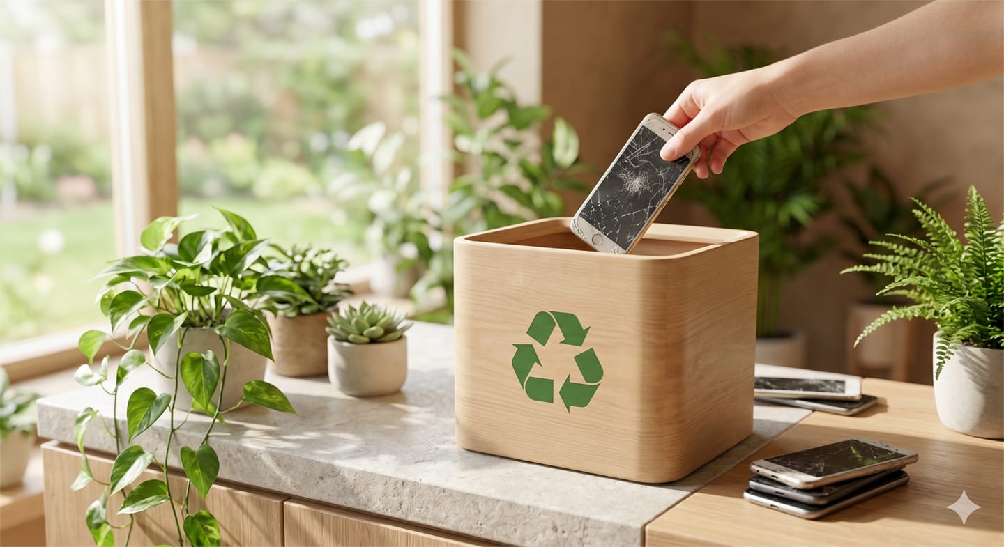 一隻手將螢幕嚴重碎裂的報廢手機投入木質環保回收箱，周圍佈滿綠色植栽，展現安全且重視環境的舊機與電子廢棄物回收過程。