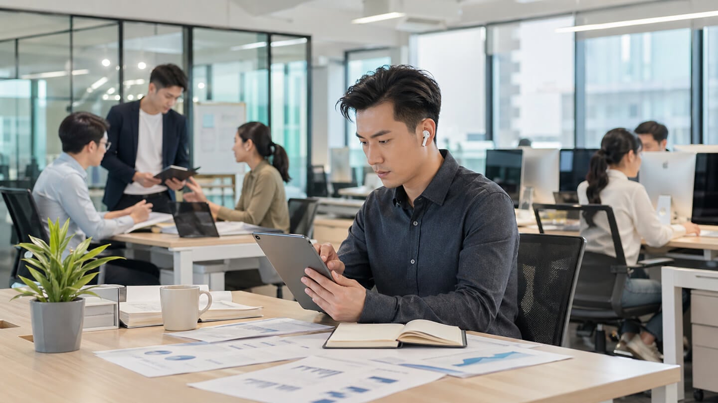 傑昇通信勞工神隊友特賣情境圖。一位男性上班族在忙碌的辦公室中，配戴藍牙耳機並專注地使用平板處理公務，桌上擺滿文件與筆記本，展現高效的職場生產力。