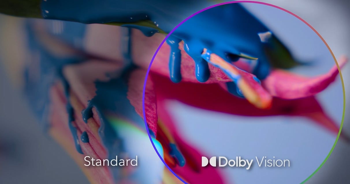 杜比視界與一般 HDR 技術對比，展現色彩與亮度差異。