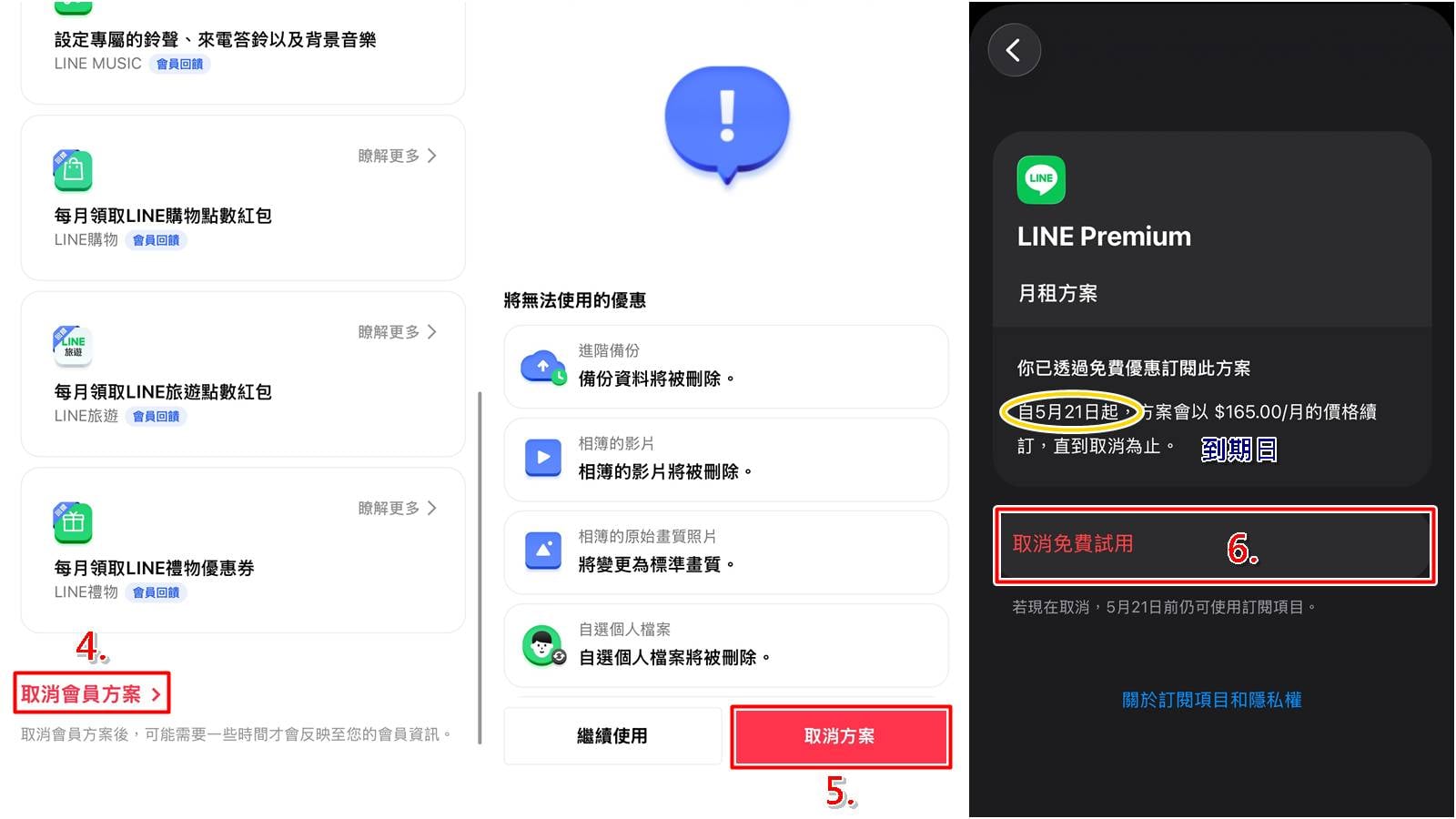 LINE Premium 取消步驟教學 3 到 5，完成退訂與方案中止。