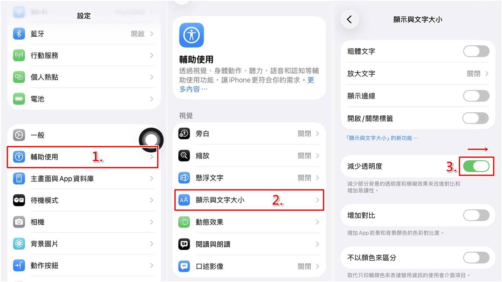 iPhone 開啟「減少透明度」功能設定步驟截圖。