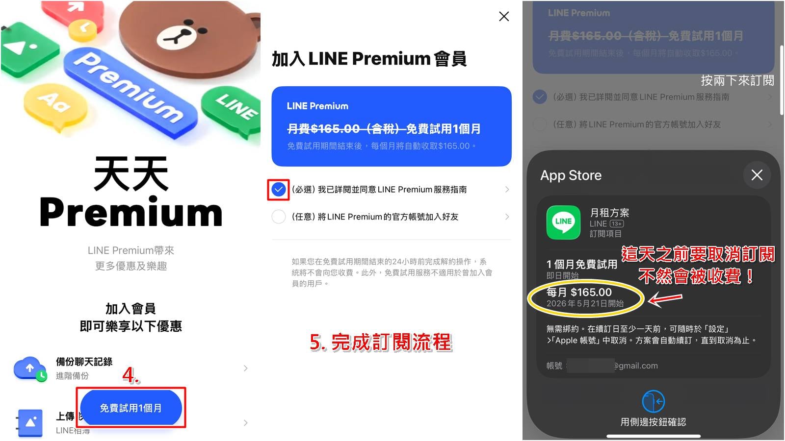 LINE Premium 免費試用教學步驟四至五，完成付款與訂閱。