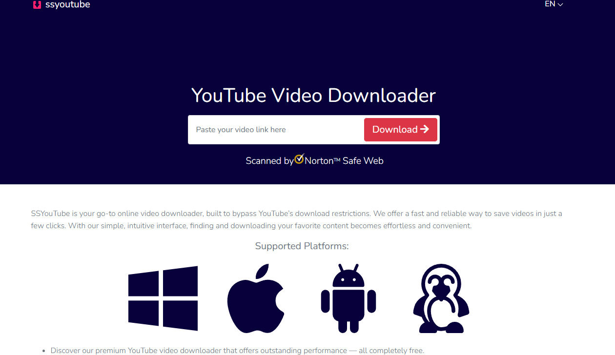 ssyoutube網站介面展示，支援YouTube最高8K畫質下載。