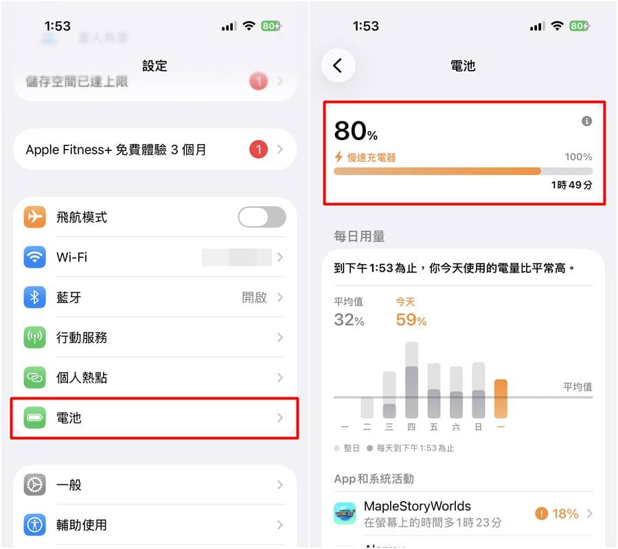 iPhone 充電介面顯示電池充滿所需剩餘時間。