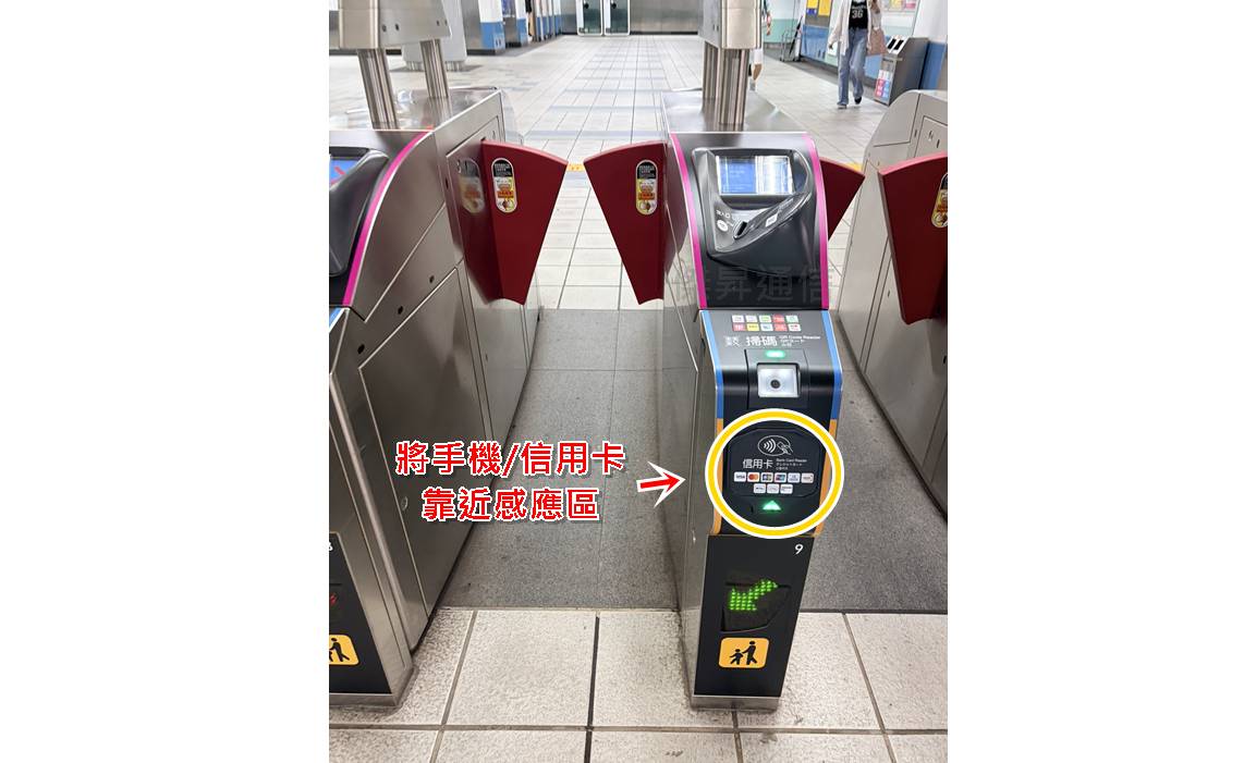台北捷運票口閘門新增的信用卡感應區，實體硬體位置照片。