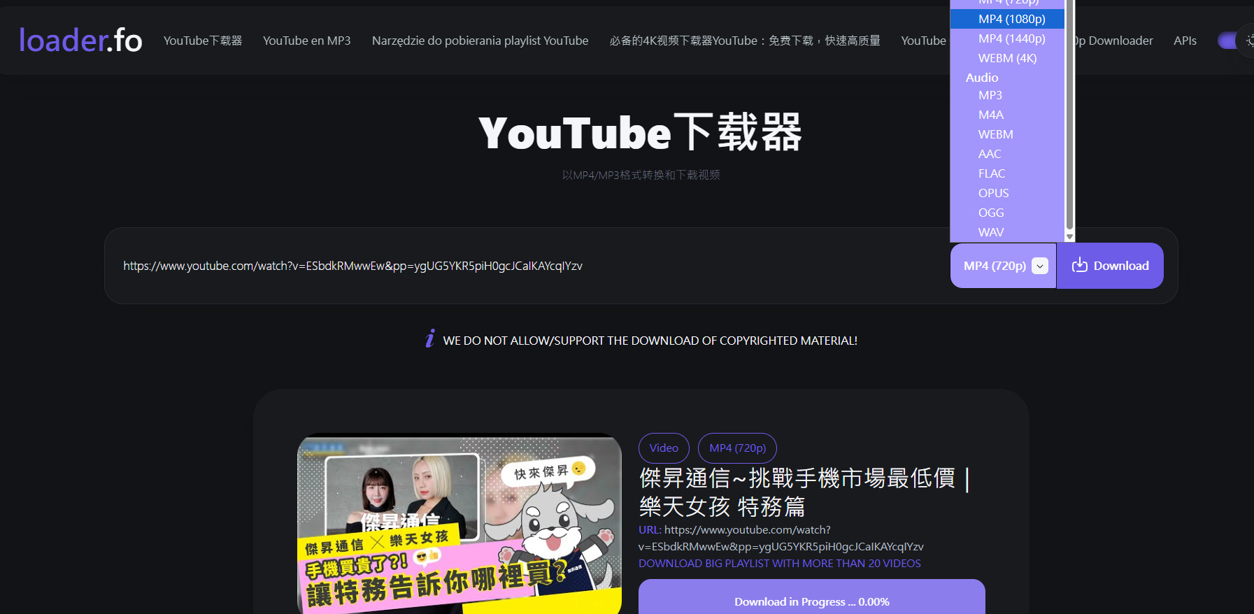 loader.fo 免費影片下載網站，支援多種畫質YouTube轉檔。