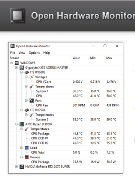 Open Hardware Monitor 開源硬體溫度清單。