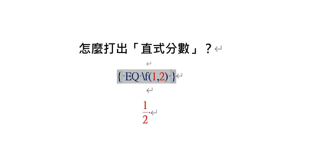 Word直式分數方法二：使用EQ功能變數快捷鍵教學步驟一至四。