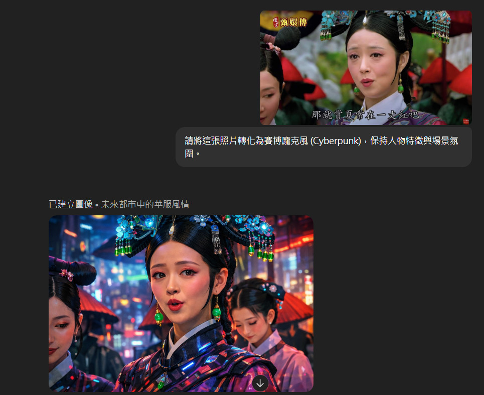 成品展示：將圖片轉化為霓虹色彩的賽博龐克風格。