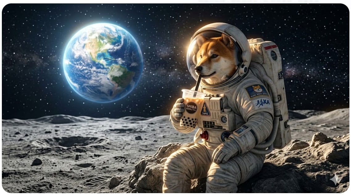 柯基穿太空服坐在月球喝珍奶