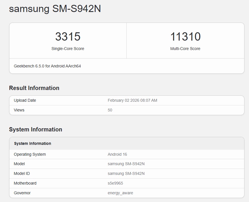 疑似韓版 S26 跑分，來源：GeekBench