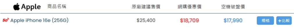 傑昇通信官網的iPhone 16、16 Plus、16e 空機價格一覽表