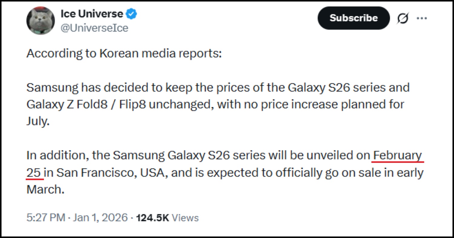 爆料者 Ice Universe 稱三星會在2026/2/25發表，並約於3月上市