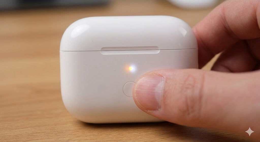 AirPods重置步驟：長按充電盒背面按鈕，直到指示燈從橘色轉為閃爍白燈。