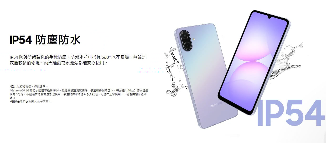 三星 A07 5G 支援 IP54 防塵防水,日常潑水使用更安心。