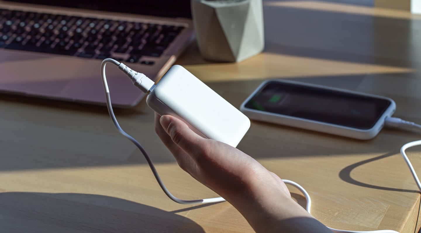 一個人拿著行動電源替手機充電式意圖