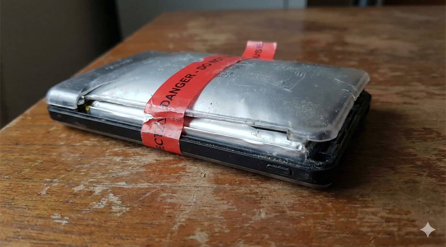 膨脹變形的舊行動電源側面特寫，傑昇通信全台門市回收活動示意圖