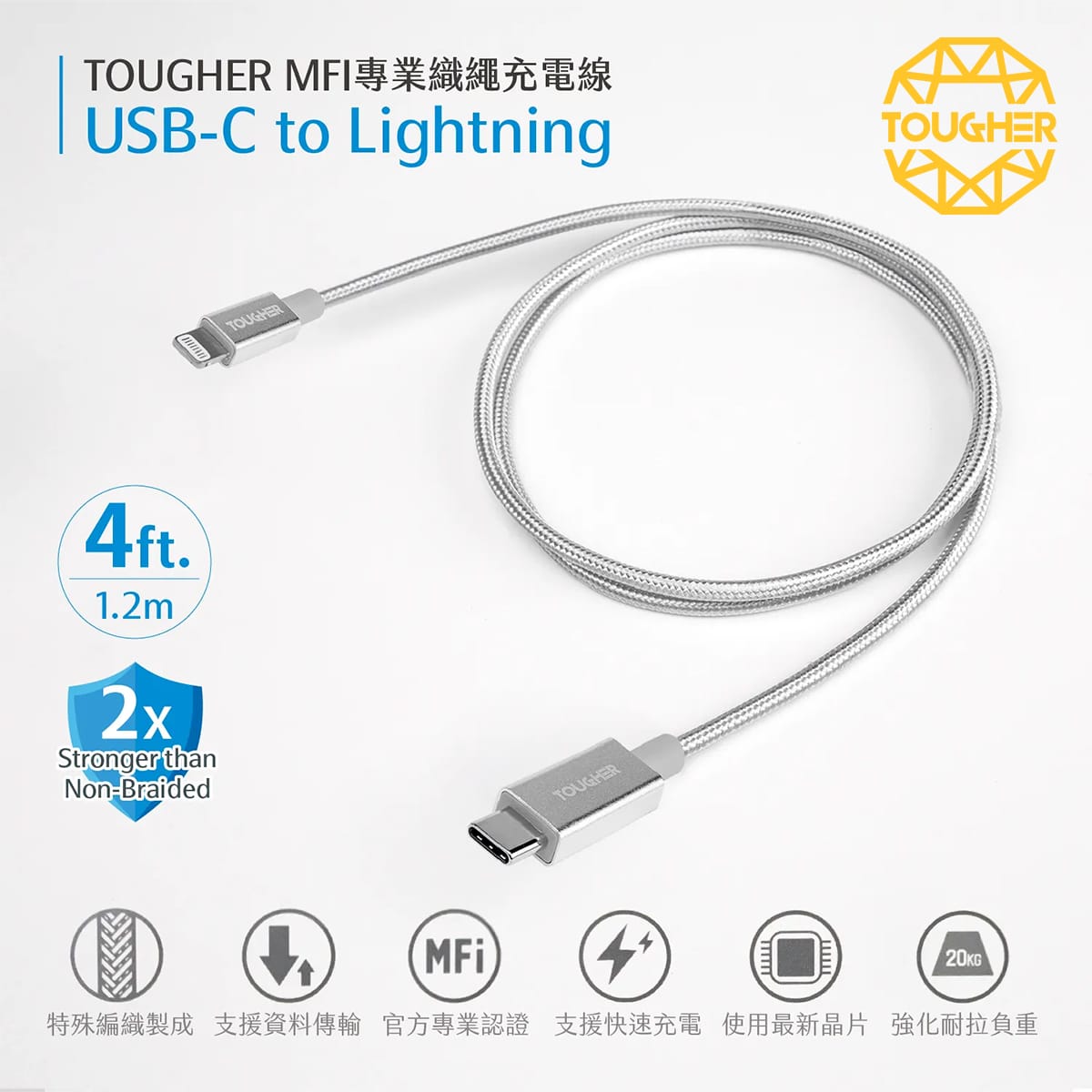 TOUGHER Type-C to lightning金屬編織傳輸線 (1.2m)