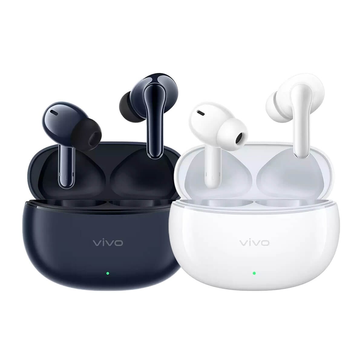 vivo TWS 系列真無線藍牙耳機，展示深藍色與白色兩款入耳式耳機及同色系圓潤充電盒，耳機採用柄式設計，充電盒正面印有 vivo 標誌