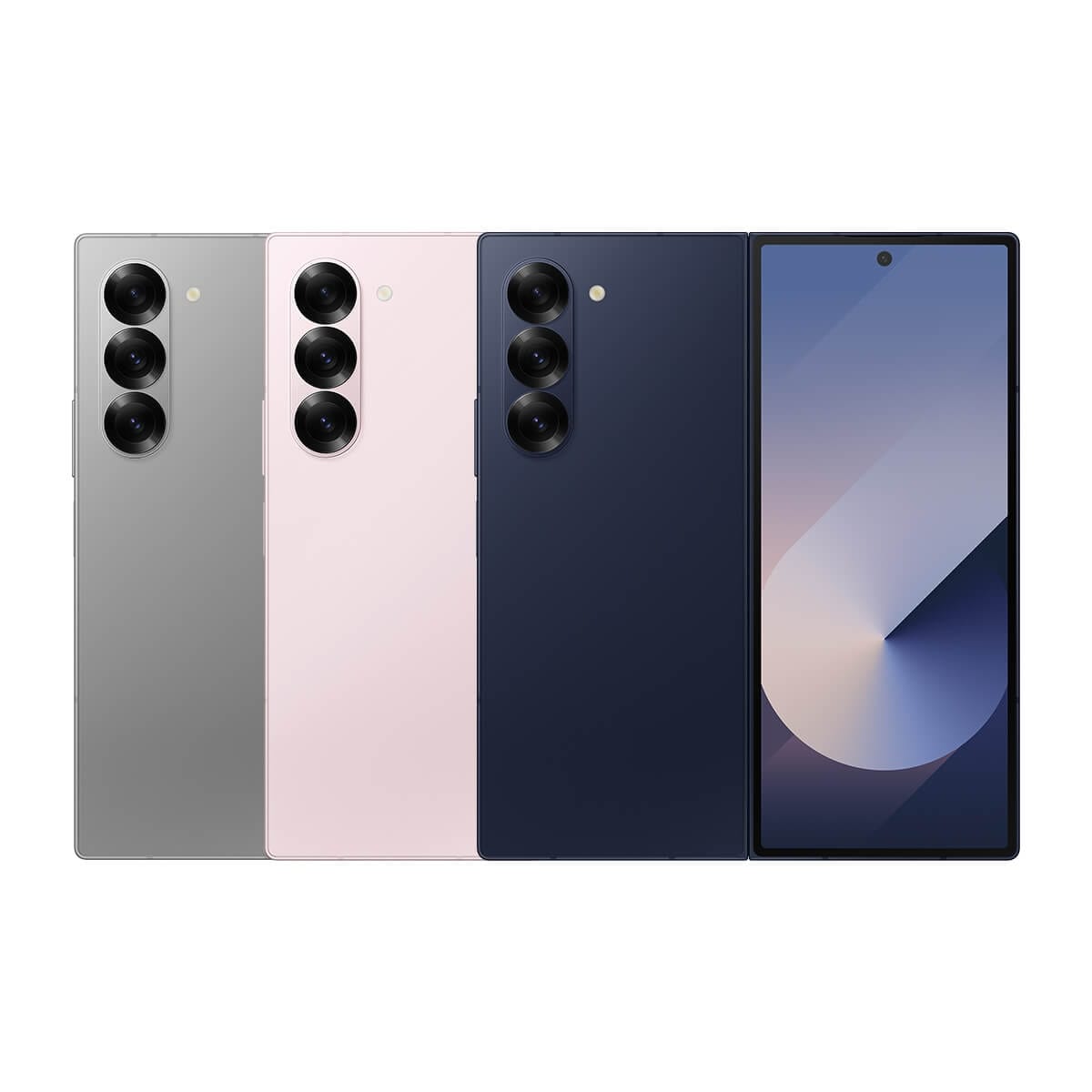 Samsung Z Fold6 (12G/512G) 灰色、粉色、海軍藍機身排列。