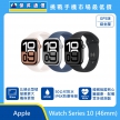 Apple Watch Series 10 46mm GPS 鋁金屬智慧手錶展示圖，多色錶殼與錶帶排列，標示更大螢幕、50 公尺防水、IP6X 防塵、睡眠與心臟健康追蹤
