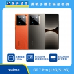 realme GT 7 Pro 手機，橘、灰兩色機身與正面螢幕圖。標示搭載 高通驍龍 8 Elite 處理器、具備 6500 尼特超亮顯示技術，以及 6500mAh 超大電量，上方標示傑昇通信標誌與挑