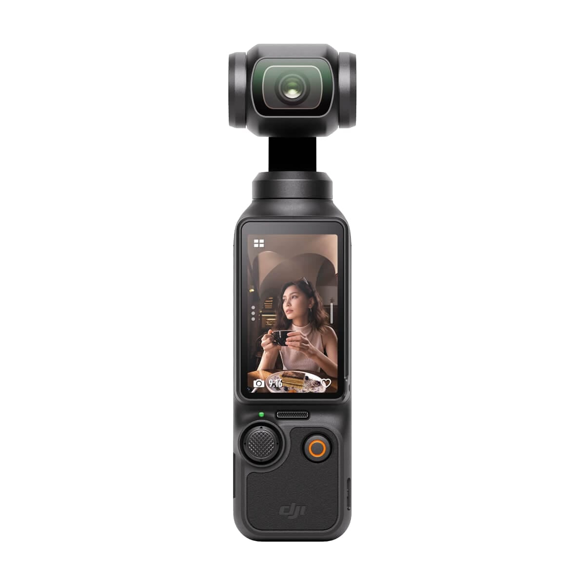 DJI Osmo Pocket 3 手持雲台相機，黑色機身直立正面，三軸雲台鏡頭置頂，觸控螢幕顯示拍攝畫面與操作介面