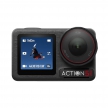 DJI Osmo Action 5 Pro 運動相機，黑色機身正面視角，前置鏡頭標示 F2.8、FOV155°，螢幕顯示 4K30/RS/UW 錄影介面與電量資訊