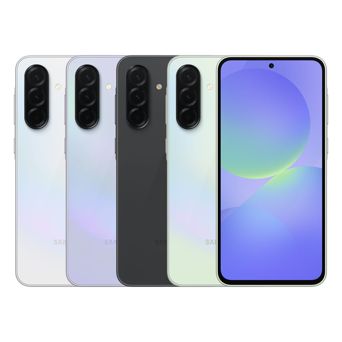 SAMSUNG Galaxy A36 5G (8G/128G) 智慧型手機，白、紫、黑、綠四色機身與正面螢幕。