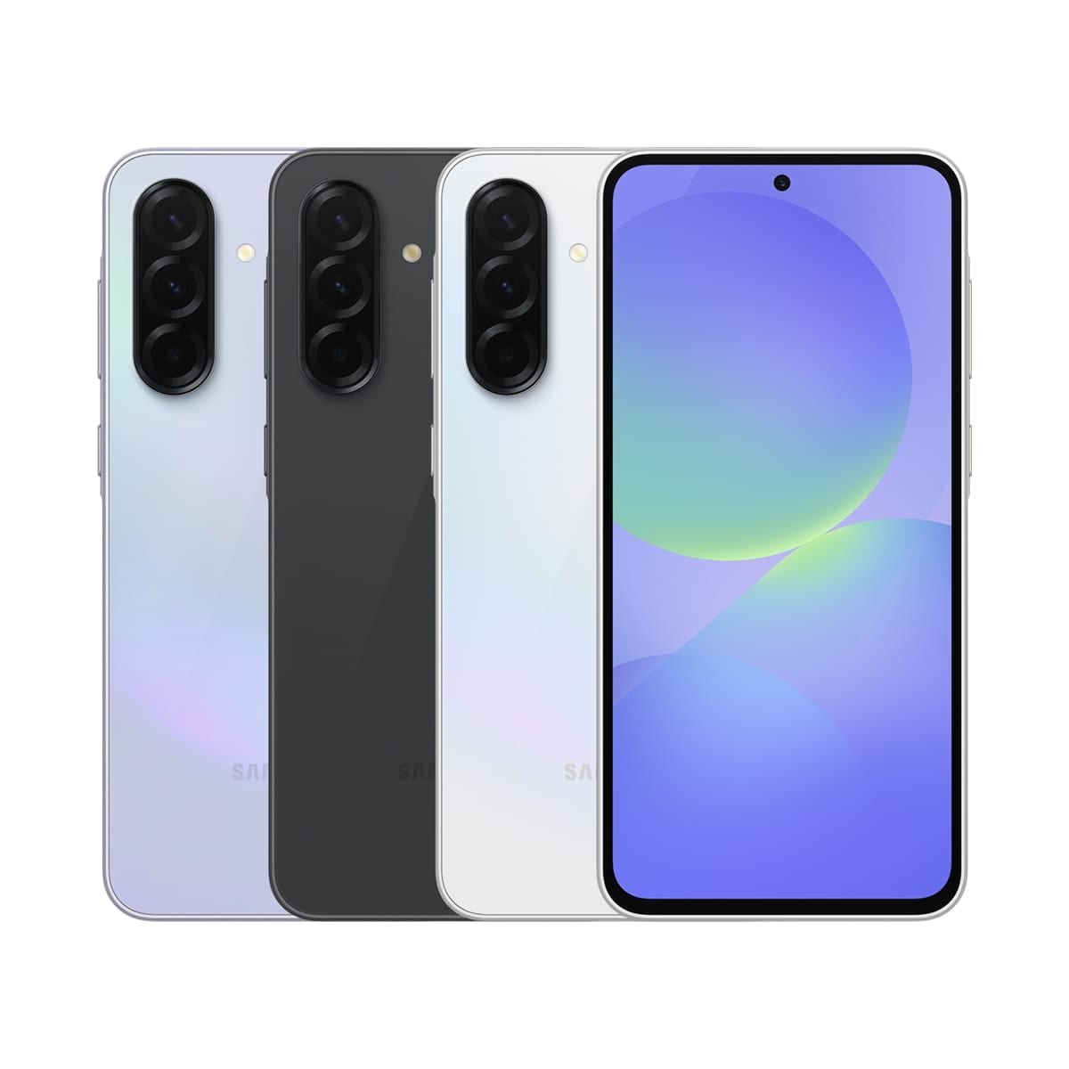 SAMSUNG Galaxy A36 5G (8G/256G) 智慧型手機，紫、黑、白三色機身與正面螢幕。