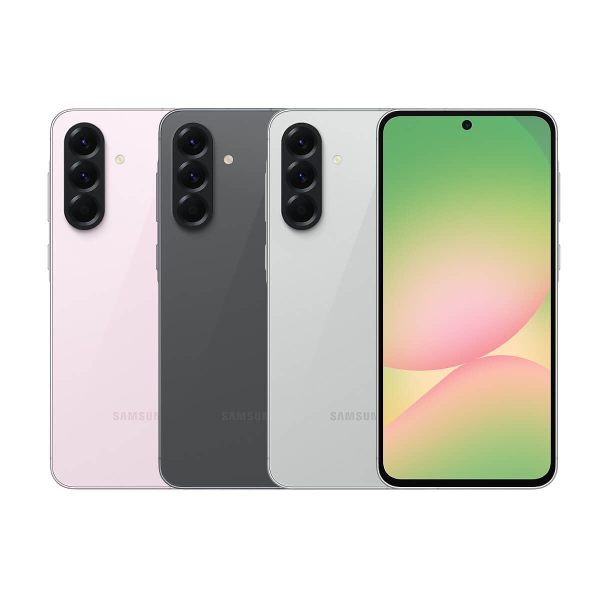 SAMSUNG Galaxy A56 5G (8G/256G) 智慧型手機，粉、黑、白三色機身與正面螢幕展示。