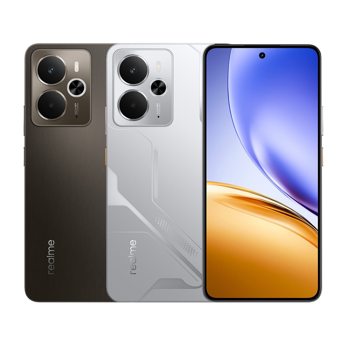 realme 14 (8G/256G) 手機，棕色、具有幾何紋理的銀白色兩色機身與正面螢幕圖。