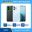 OPPO Reno14 F（12G/256G）智慧手機宣傳圖，深綠色與白色漸層機身前後並列展示，正面為置中挖孔全螢幕設計，畫面標示 120Hz 螢幕更新率、5,000 萬畫素主鏡頭與絢彩人魚機身設計，