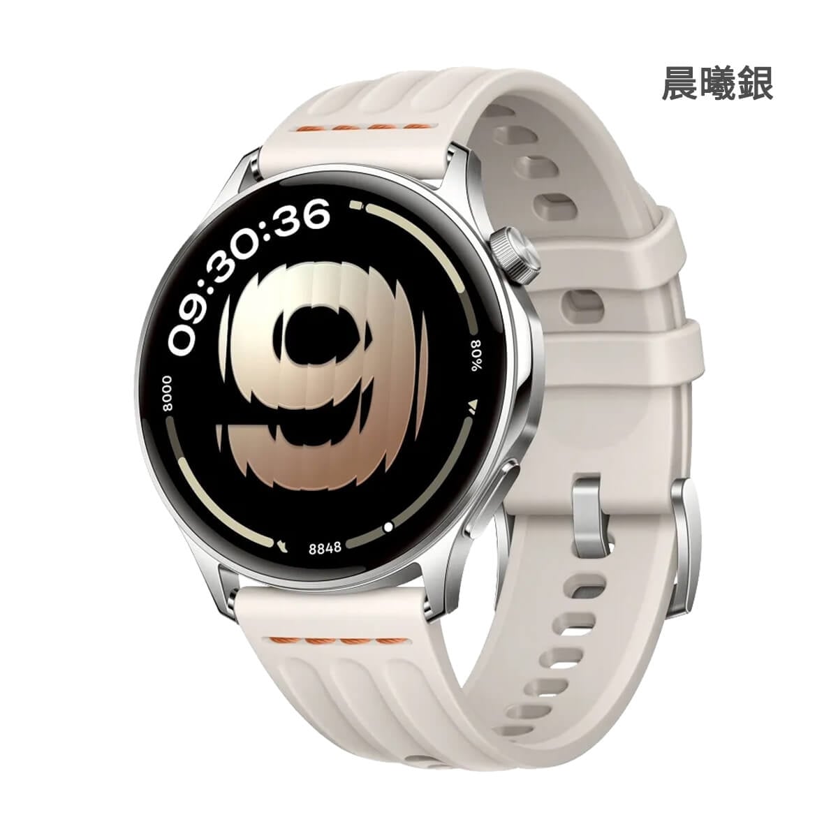 OPPO Watch S 智慧手錶展示圖，晨曦銀色正面外觀圖