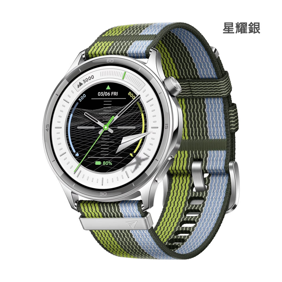 OPPO Watch S 智慧手錶展示圖，星耀銀色正面外觀圖